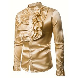 Stand-up Collar Men's Long Sleeve Shirt Cosplay Victorian Clothing Lg 40 Gold